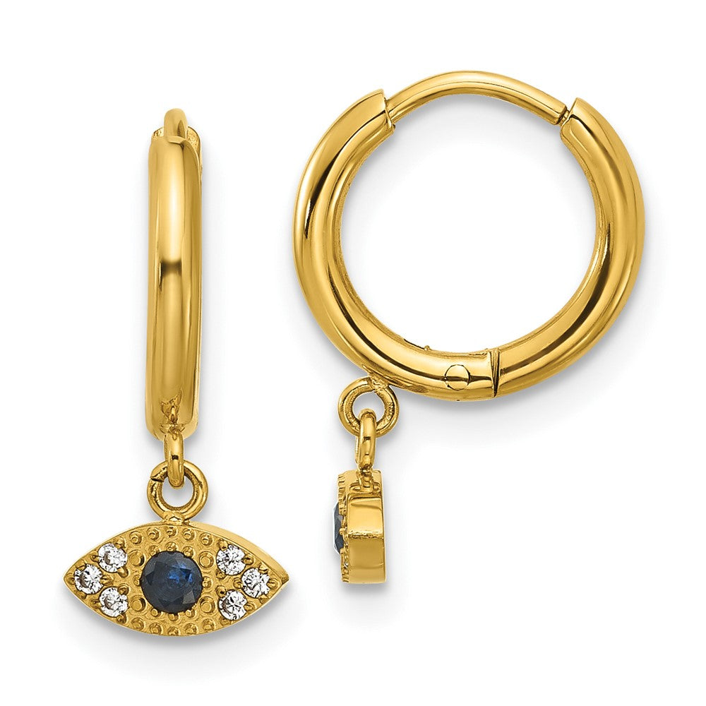 Chisel Stainless Steel Polished Yellow IP-plated Blue and White Zircon Evil Eye Dangle Hinged Hoop Earrings