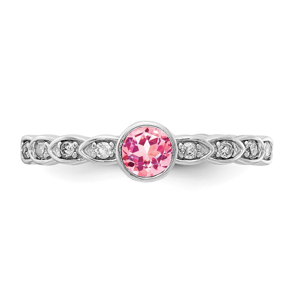 Sterling Silver Rose Tone Created Pink Sapphire and Diamond Ring