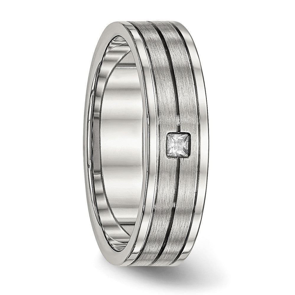 Stainless Steel Polished w/Brushed Center CZ 6mm Grooved Band Size - 8