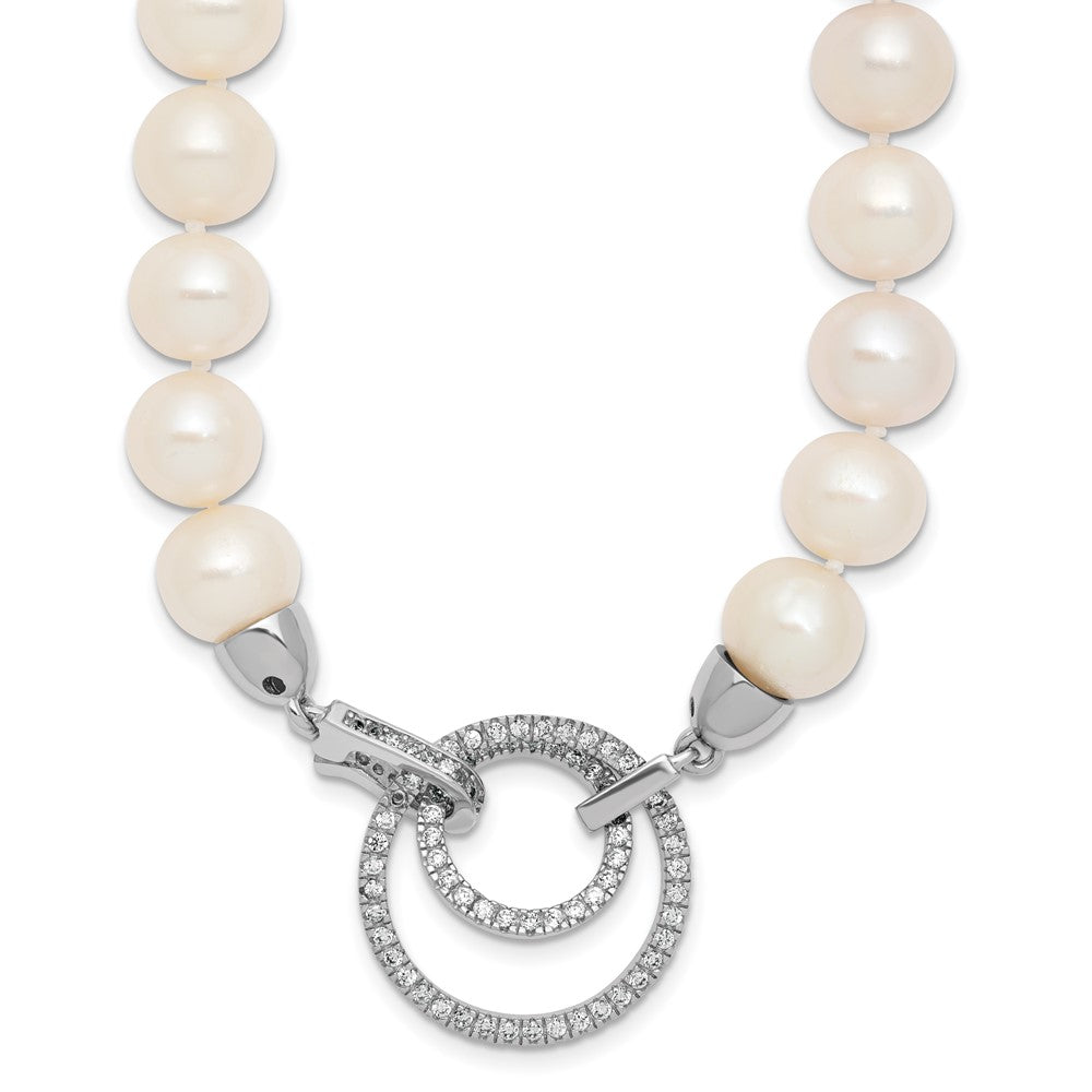 Sterling Silver Rhodium-plated 10-11mm White Near-Round Freshwater Cultured Pearl and CZ Clasp Adjustable 19.5 inch Necklace 19.5 Inches
