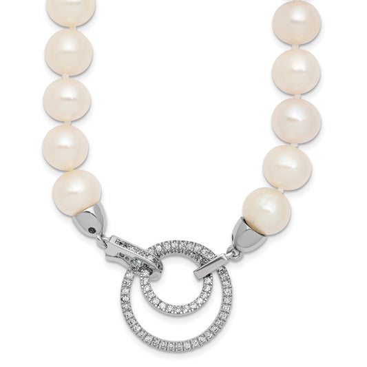 Sterling Silver Rhodium-plated 10-11mm White Near-Round Freshwater Cultured Pearl and CZ Clasp Adjustable 19.5 inch Necklace 19.5 Inches