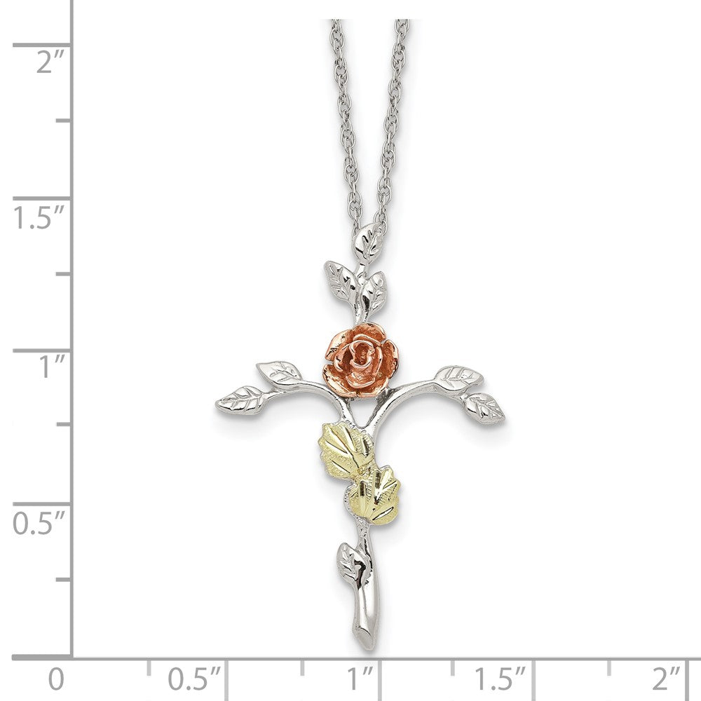 Landstrom's Mt. Rushmore Black Hills Sterling Silver 12K Gold Accents Floral Cross 18 inch Spring Ring Clasp Necklace 18 Inches