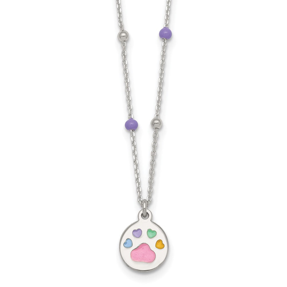 Sterling Silver Polished Beaded Enameled Multi-color Heart Pawprint Childrens 14 inch Necklace
