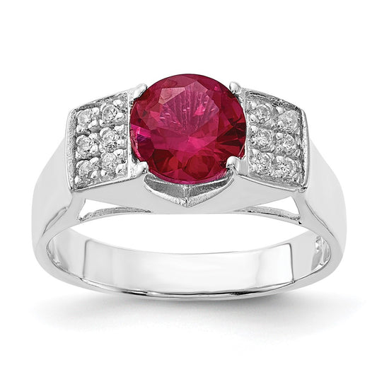 Sterling Silver Red Round w/Pavâ Sides CZ Ring