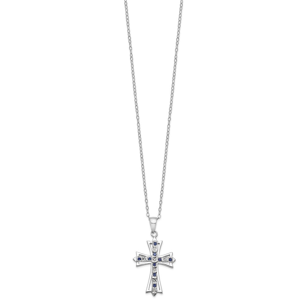 Diamond Fascination Diamond Mystique Sterling Silver Platinum-plated Diamond and Sapphire Cross 18 Inch Necklace 18 Inches