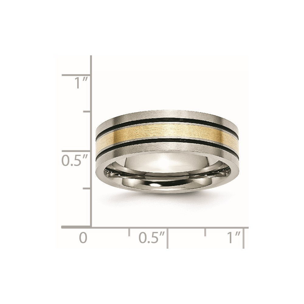 Titanium Antiqued and Brushed w/14k Yellow Inlay 7mm Flat Band Size - 8.5