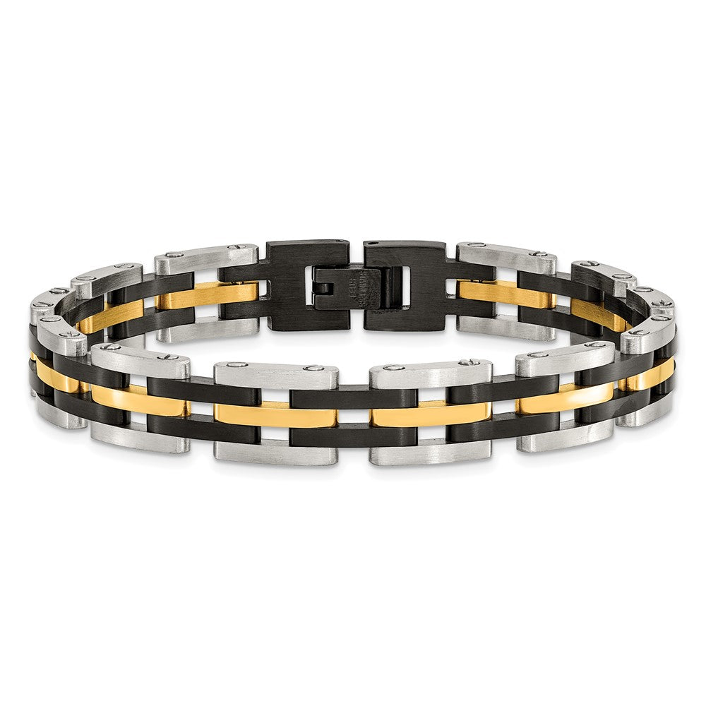 Stainless Steel 8.25in Brushed & Polished Black & Yellow IP Link Bracelet 8.25 inches