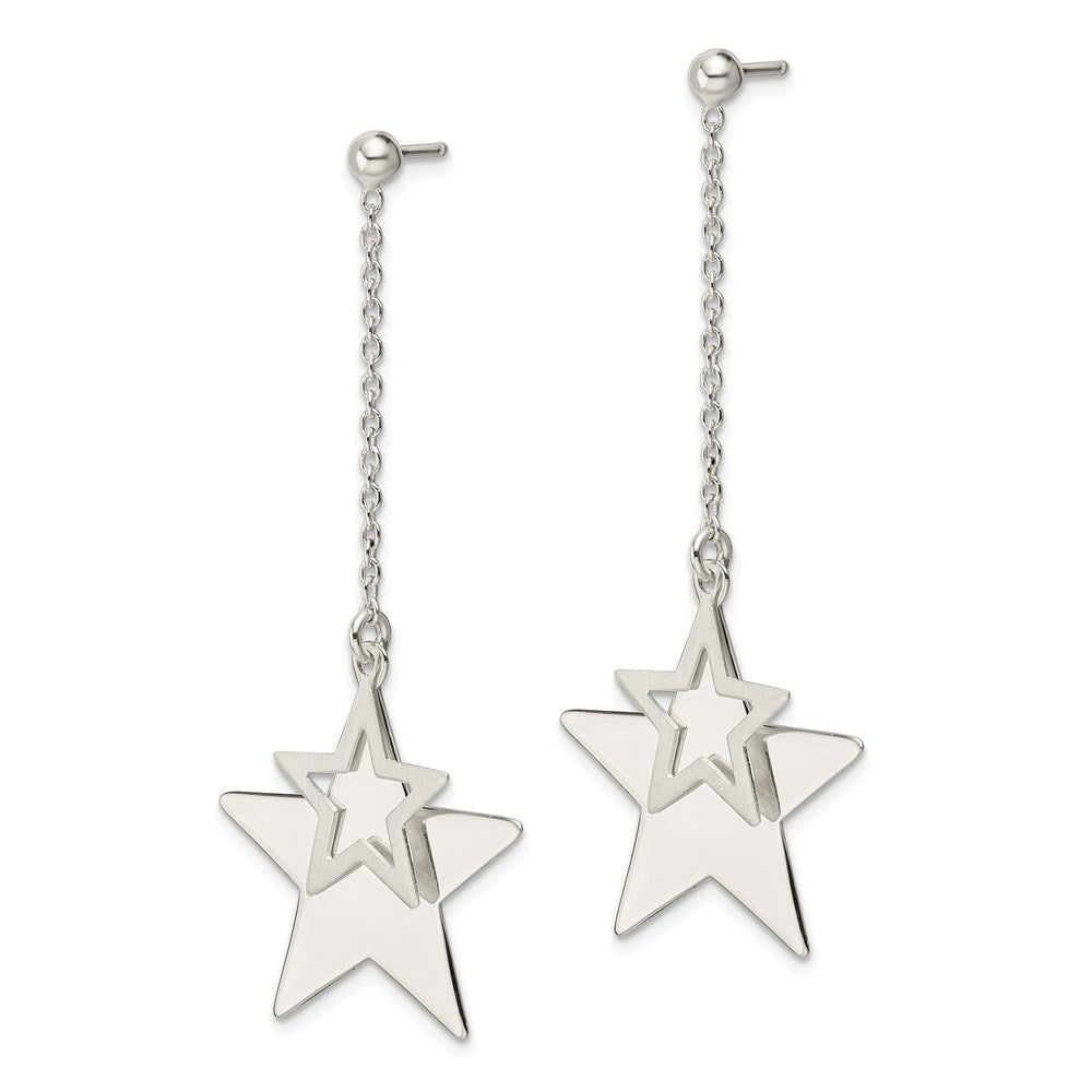 Sterling Silver Satin and Polished Cut-Out Stars Drop Post Earrings