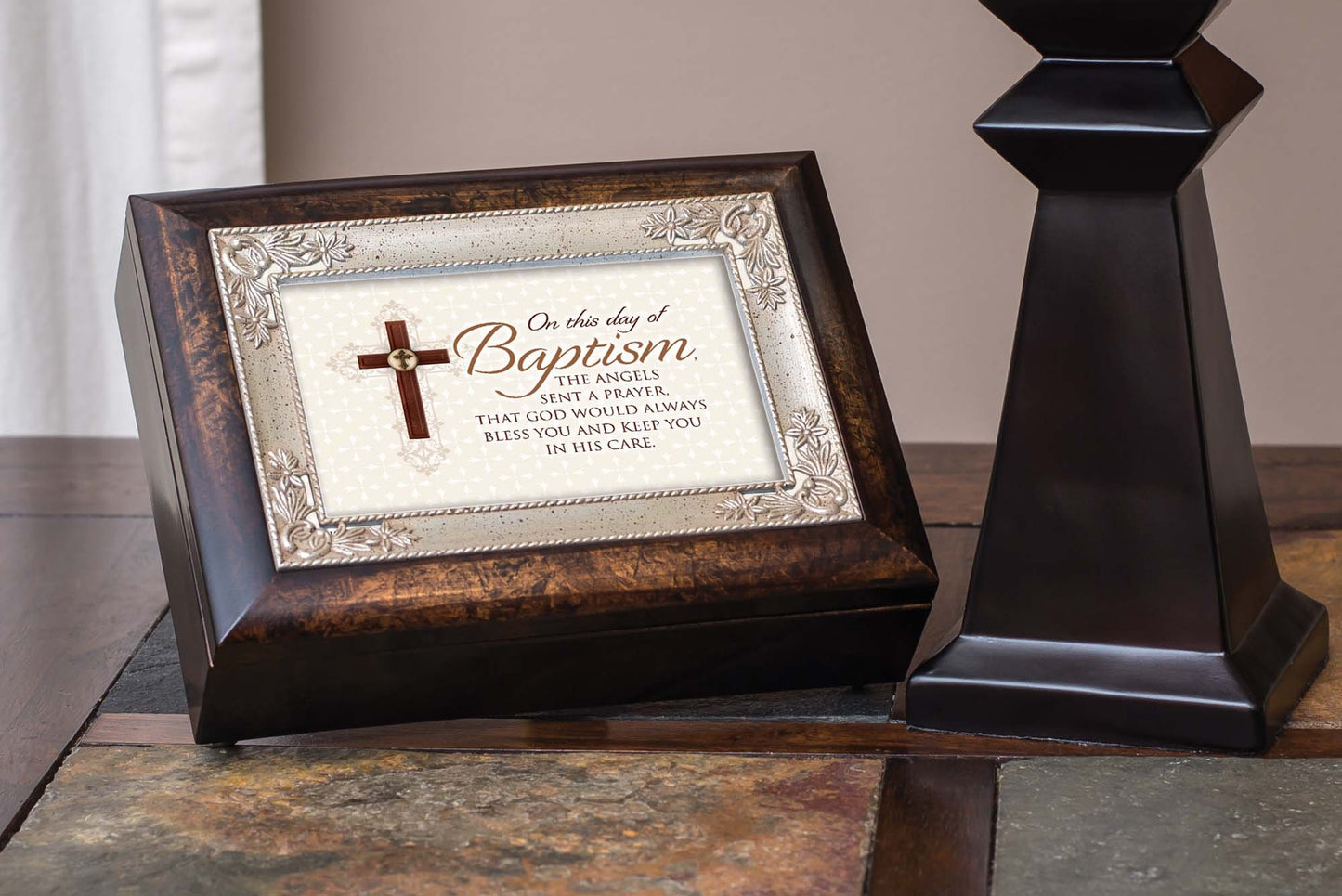 BAPTISM Italian Style Woodgrain Resin Music Box (Plays How Great Thou Art) QGM22900