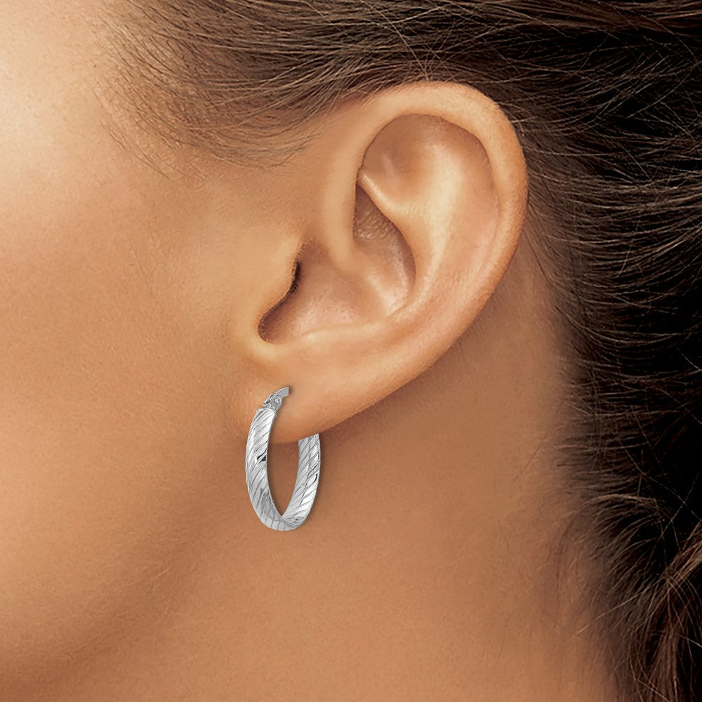 14K White Gold Polished and Grooved Oval Hoop Earrings