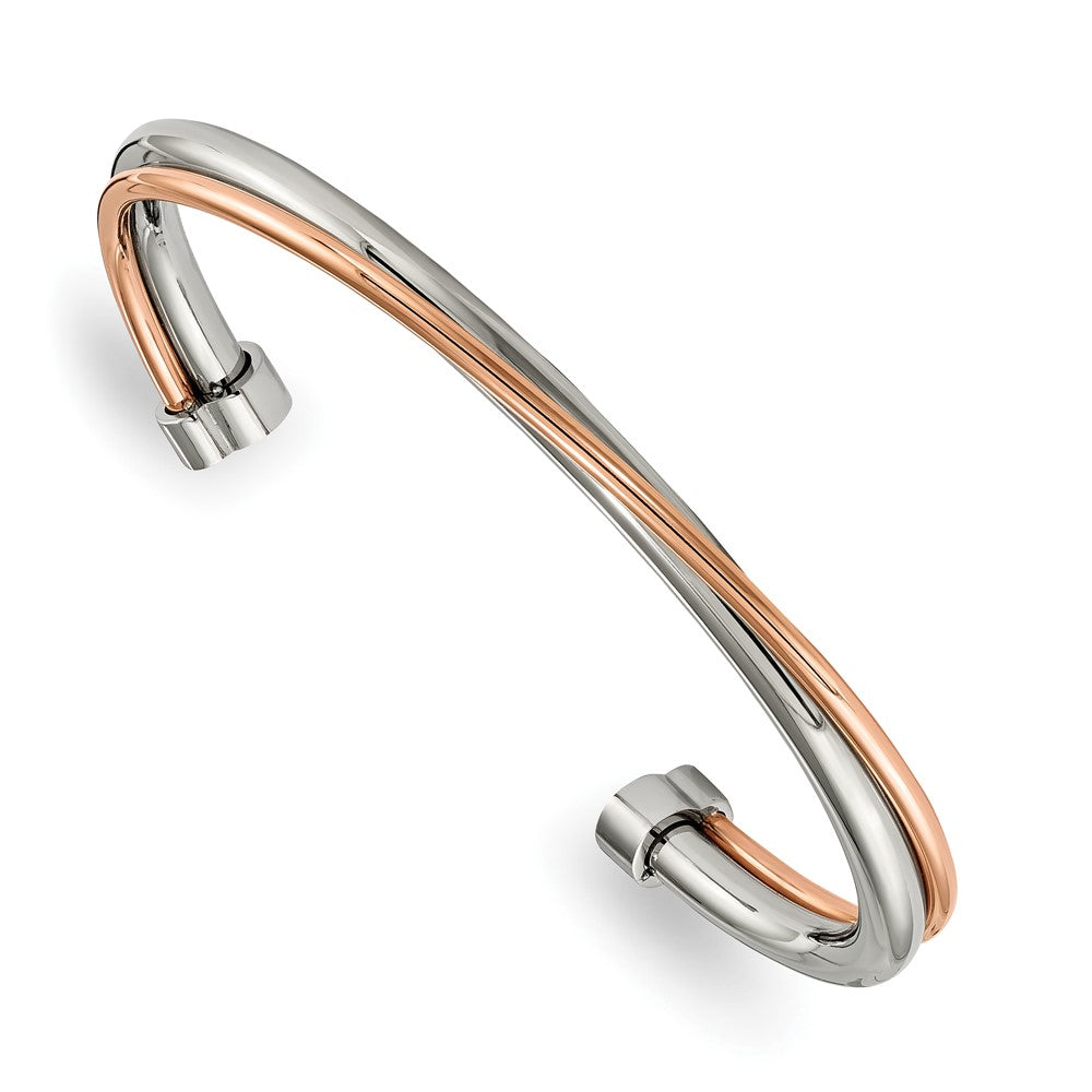 Stainless Steel Polished Rose IP-plated Twisted Cuff Bangle 6.75 inches