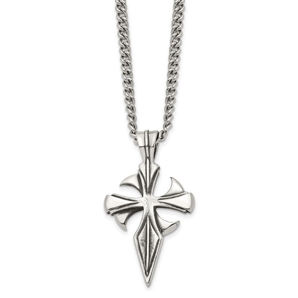 Stainless Steel Antiqued and Polished Dagger Cross 22in Necklace