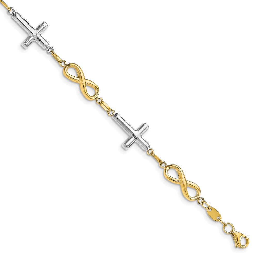 10K Two-tone Polished Cross and Infinity Bracelet 7.5  inches
