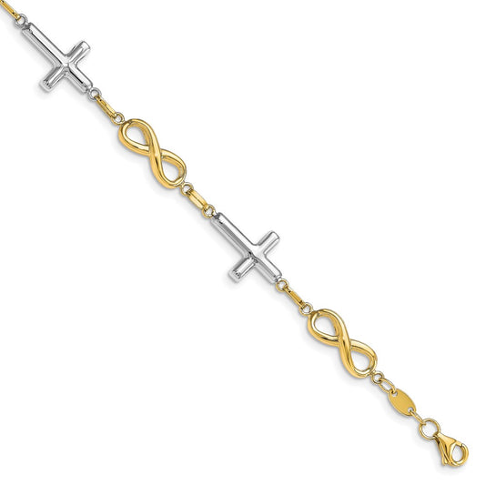 10K Two-tone Polished Cross and Infinity Bracelet 7.5  inches