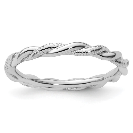 Sterling Silver Stackable Expressions Rhodium-plated Polished and Textured Twist Ring Size -6