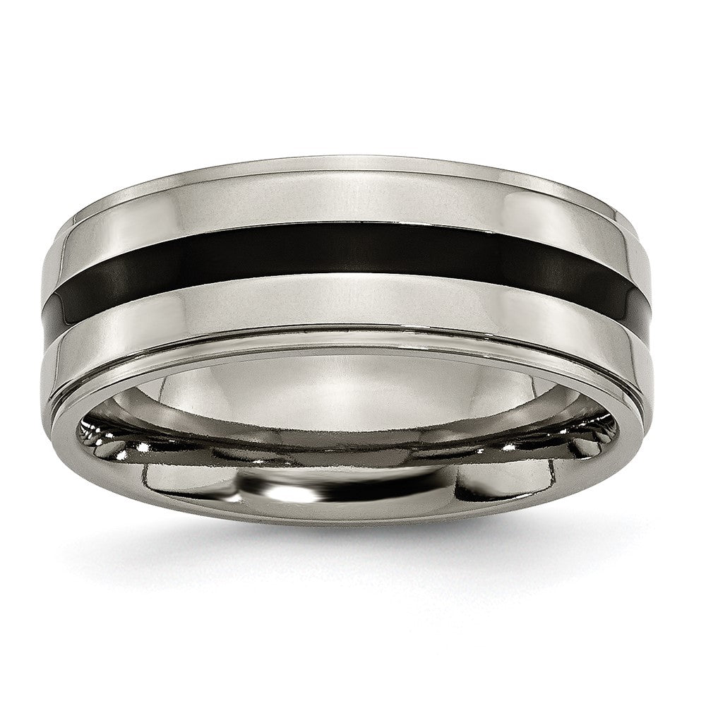 Titanium Polished Black Enamel 8mm Ridged Edge Band Size - 12