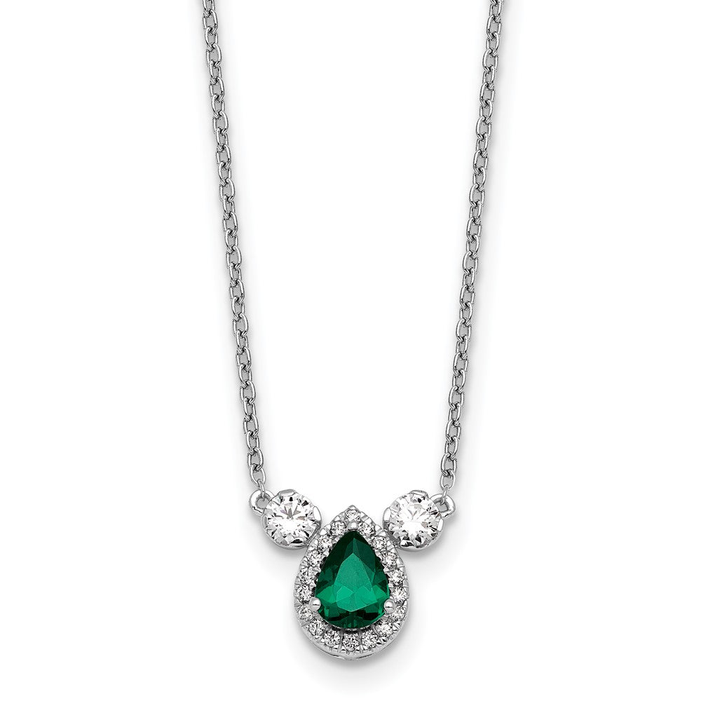 14k White Gold 1/2 carat Lab Grown Diamond VS/SI+ G+ and Created Emerald Three Stone 16 inch Necklace