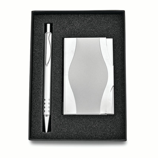 Silver-tone Business Card Case & Pen 2-piece Gift Set - Engravable Gift Item