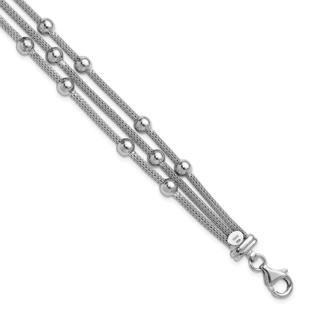 SS RH-plated Polished 3-strand Bead w/1in ext. Bracelet 8.5  inches