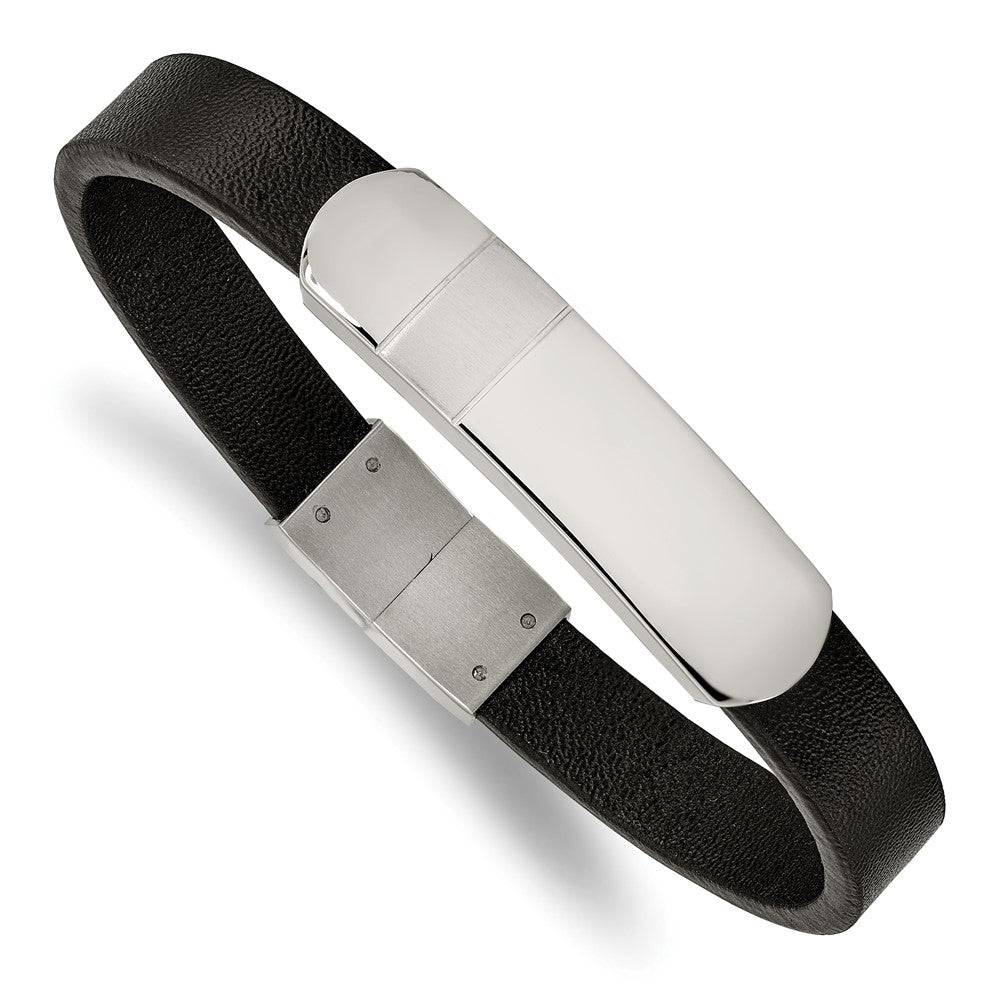 Stainless Steel Brushed and Polished Black Leather 8.5in ID Bracelet 8.5 inches