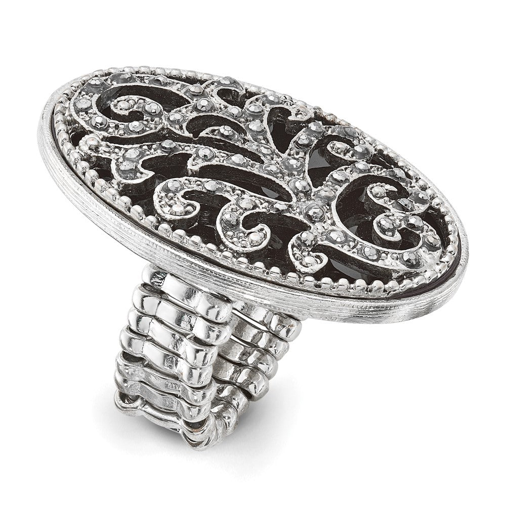 1928 Silver-tone Black Enamel and Black Crystal Vintage Vine Pattern Stretch Ring