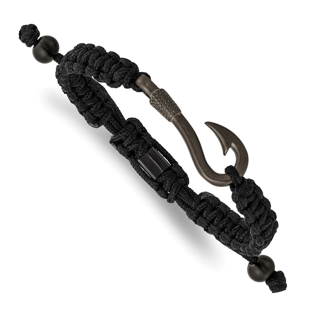 Stainless Steel Brushed Gun Metal IP Fishing Hook Black Nylon Adj Bracelet 9 inches