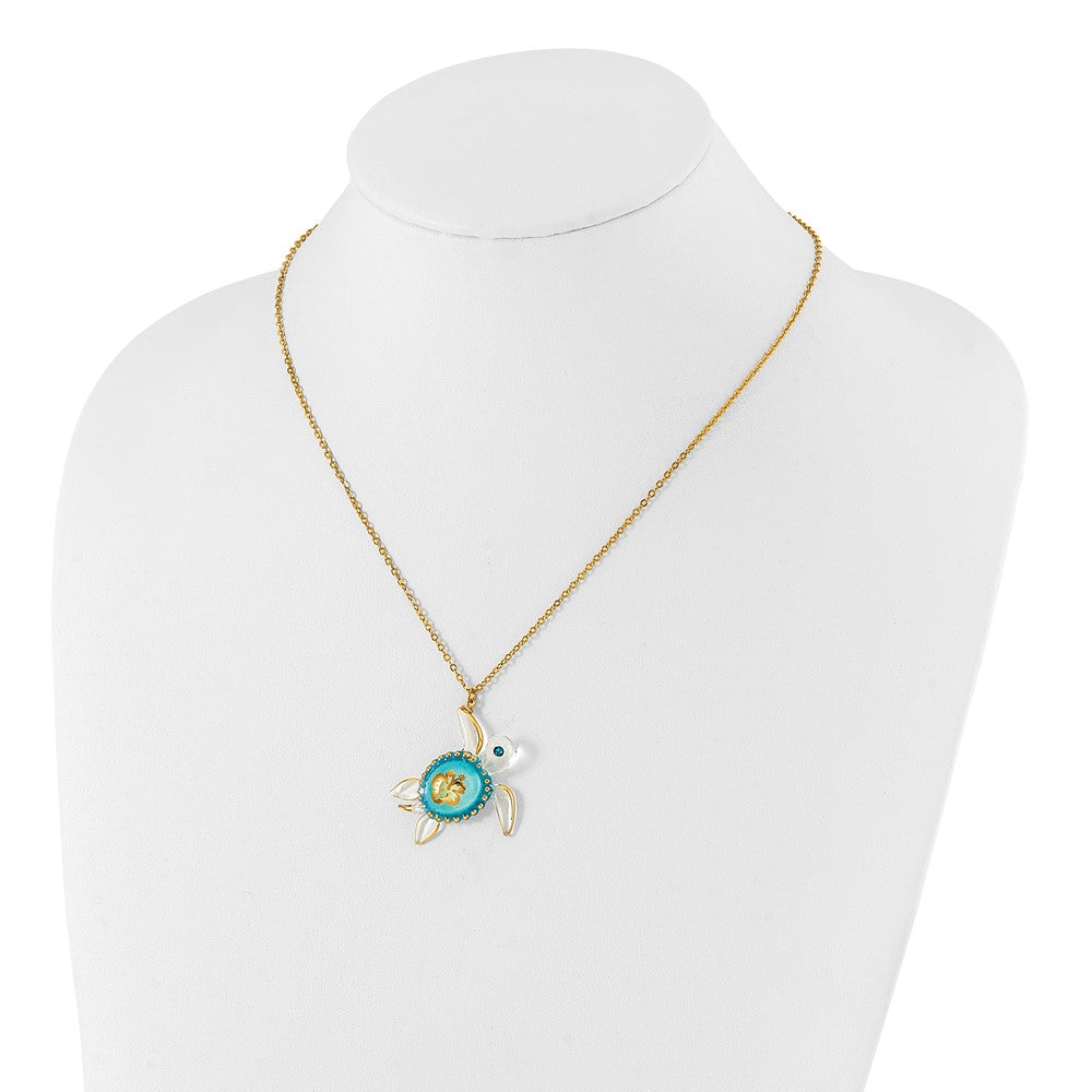 Glass Baron 22K Gilding Accent Gold-trim Blue Glass with Crystal from Swarovski Accent Sea Turtle Aloha 18 inch Gold-tone Necklace QGM15182