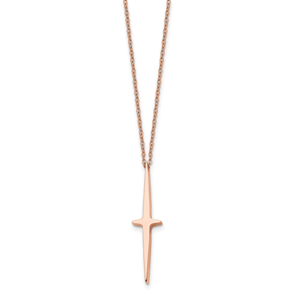 Stainless Steel Polished Rose IP-plated Cross 16in w/2in ext Necklace