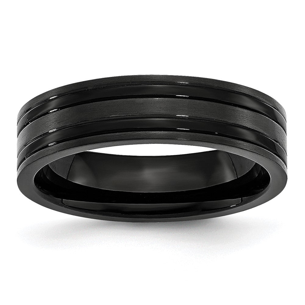 Titanium Brushed and Polished Black IP-plated 6mm Grooved Band Size - 9.5