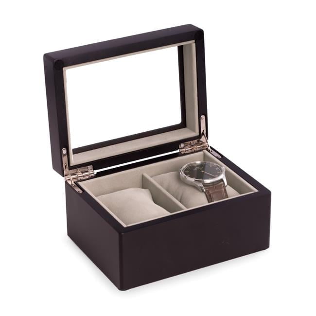 Bey-Berk International BB689BLK Matte Black Wood 2 Watch Box with Glass Top Velour Lining & Pillows