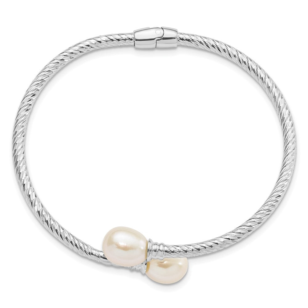 Sterling Silver Rhodium-plated 8-9mm White Rice Freshwater Cultured Pearl Hinged Bangle 6.5 inches