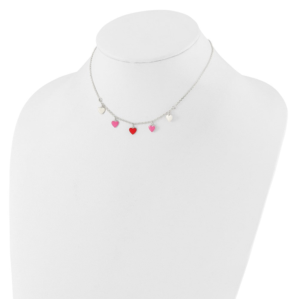 Sterling Silver Polished Pink/Red/White Enamel Heart Children's Necklace 14 Inches