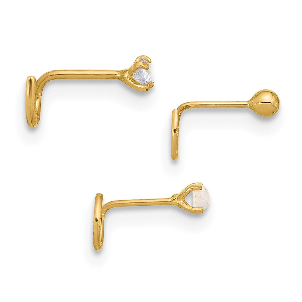 14K Gold 22 Gauge CZ, Synthetic Opal & Ball Nose Post Set