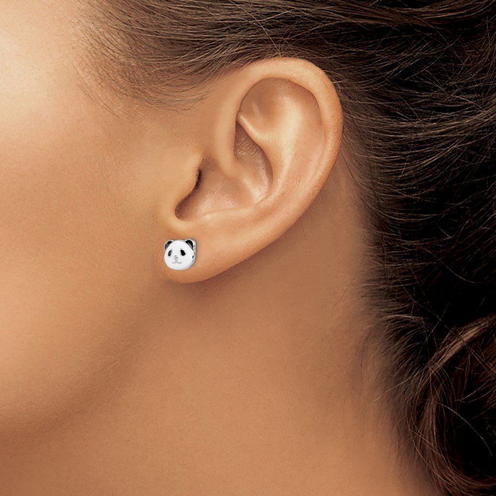 Sterling Silver Madi K Rhodium-plated Polished Black & White Enameled Panda Children's Post Earrings