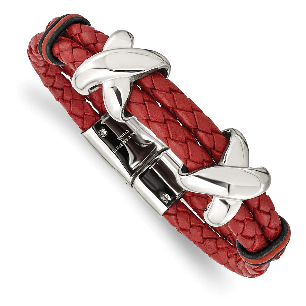 Stainless Steel Polished Red Leather and Rubber 8in Bracelet 8 inches