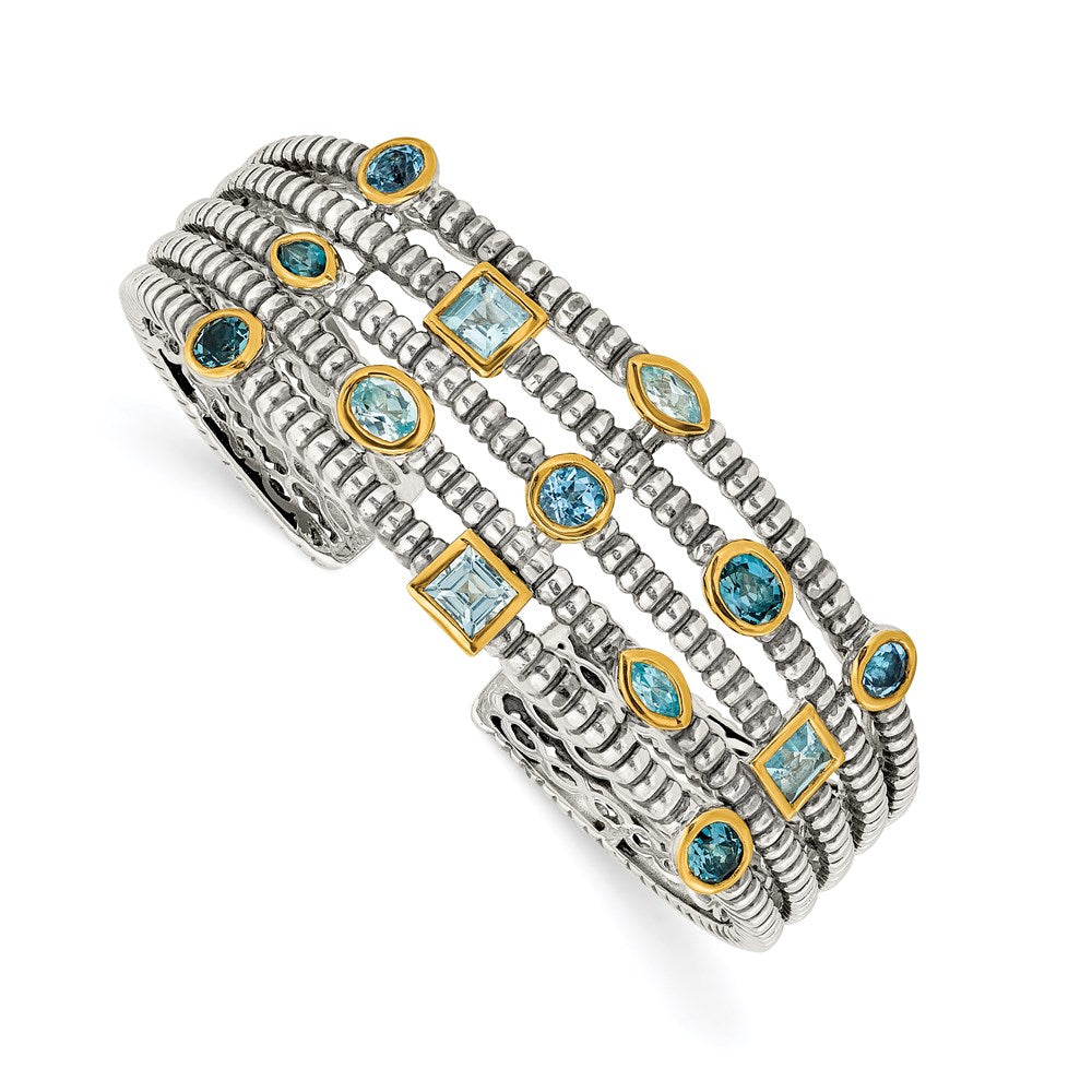 Shey Couture Sterling Silver Gold-tone Flash Gold-plated Antiqued Bezel Sky Blue Swiss and London Blue Topaz Cuff Bracelet 6.75 inches