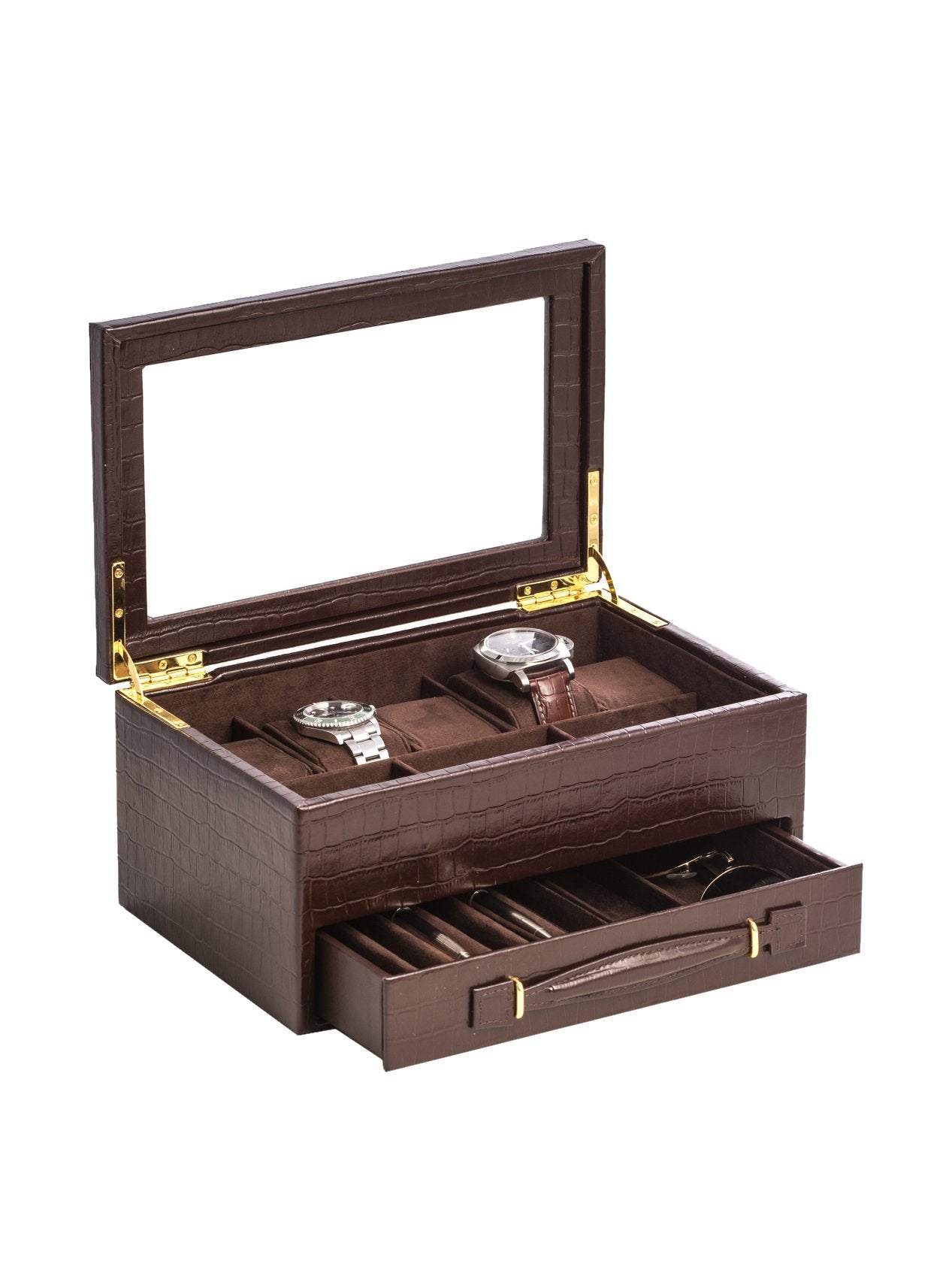 Brown Croco Texture Leather 5 Watch Box w/ Drawer  Glass Top