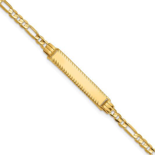 14k Polished Solid Chain/Solid Plate 3.0mm Figaro Link Diamond-cut 27x5.5mm Plate 7 inch ID Bracelet
