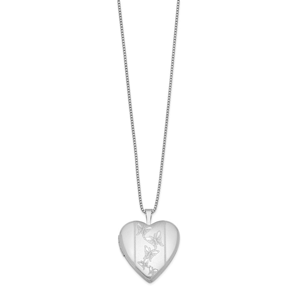 Sterling Silver Rhodium-plated 20mm Butterflies Heart Locket Necklace 18 Inches