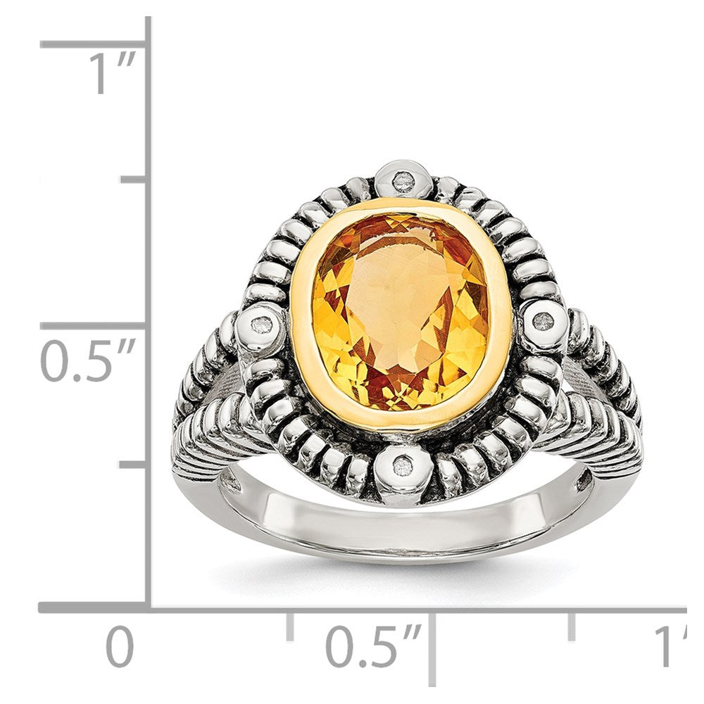 Shey Couture Sterling Silver with 14K Accent Antiqued Oval Bezel Citrine with Diamond Ring