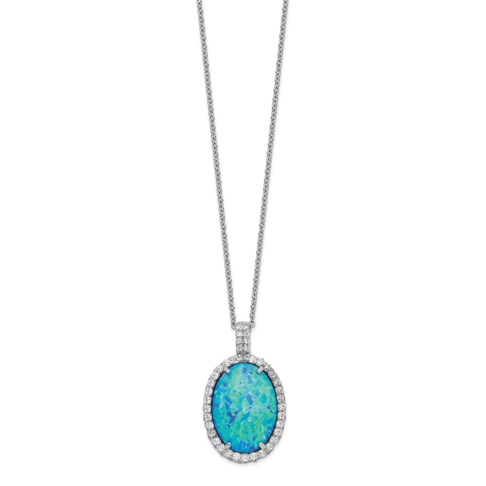 Cheryl M Sterling Silver Rhodium-plated Cabochon Lab Created Blue Opal and Brilliant-cut CZ Oval 18.5 Inch Necklace 18.5 Inches