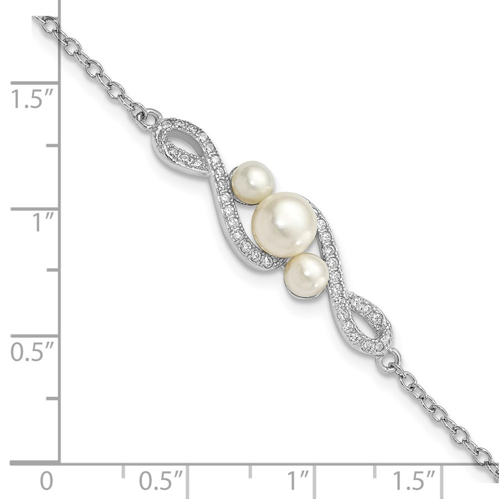 Sterling Silver Rhodium-plated 4-7mm White Button Freshwater Cultured Pearl and CZ 7 inch with 2 inch Extension Bracelet 9 inches