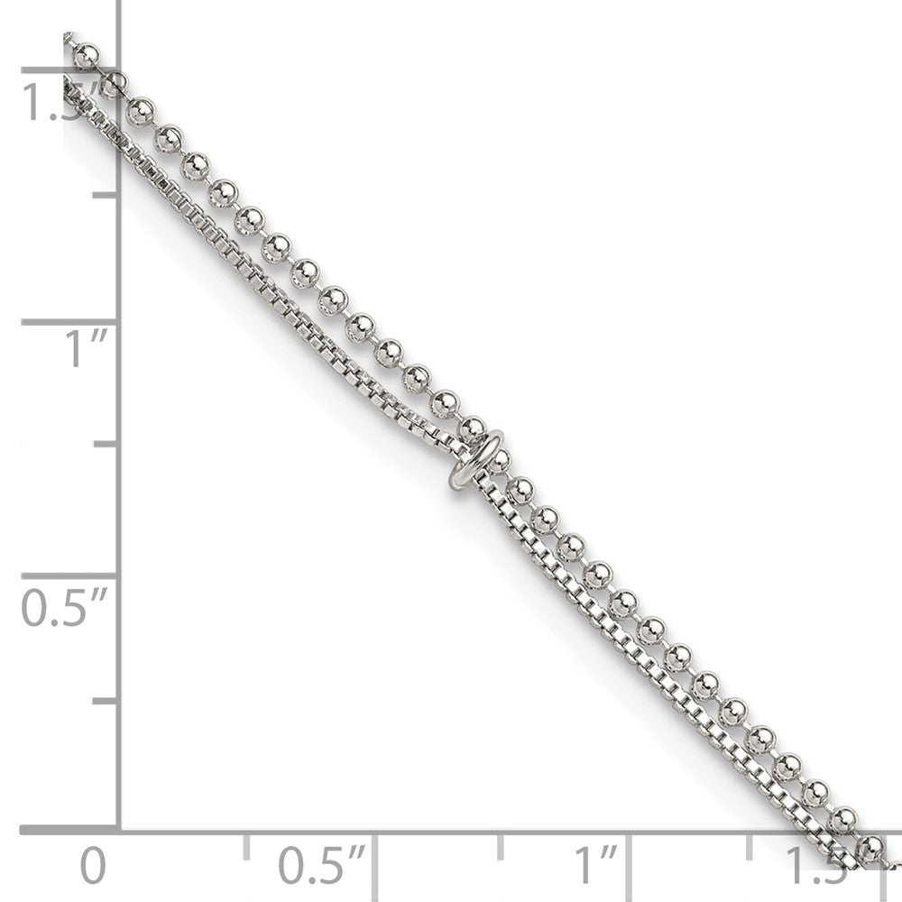 Sterling Silver Polished Beaded Double Strand 9 inch with 1 inch Extension Anklet
