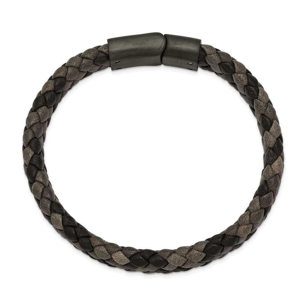 Stainless Steel Brushed Gun Metal IP-plated Brown Leather 8.25in Bracelet 8.25 inches