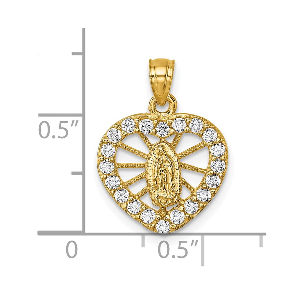 14k Polished CZ Heart Pierced Design Our Lady of Guadalupe Pendant