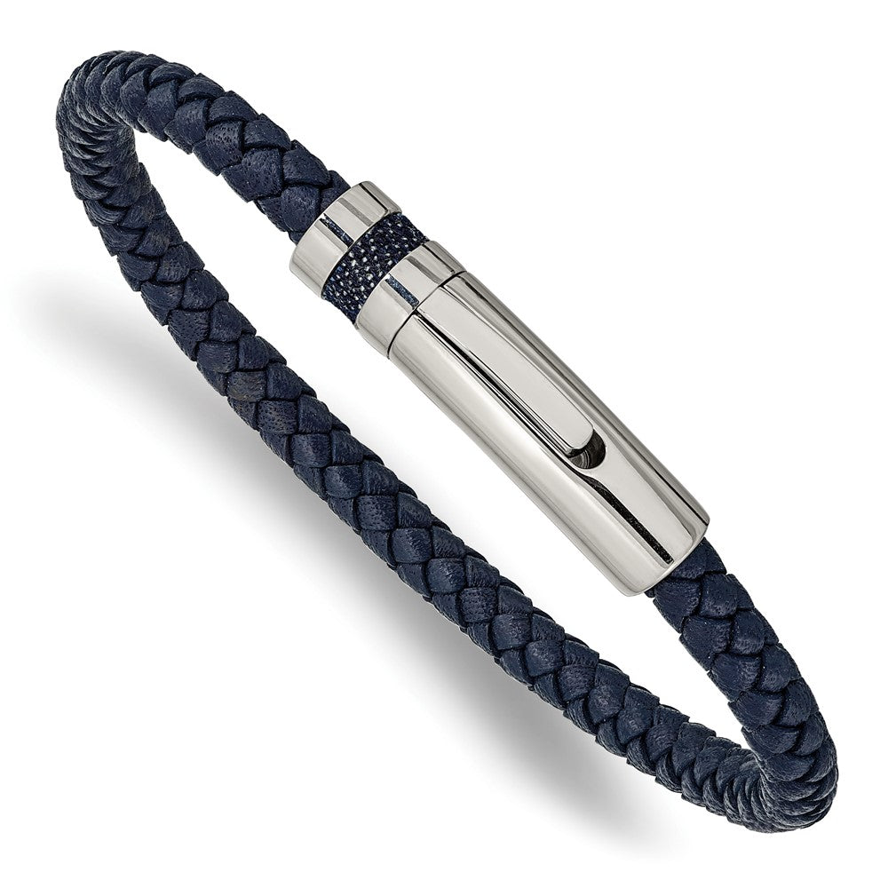 Stainless Steel Polished Blue Leather 8.25in Bracelet 8.25 inches