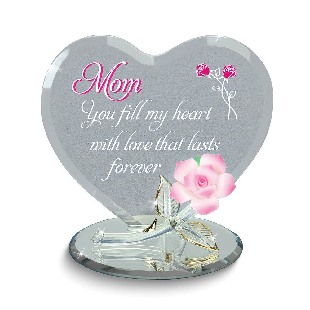 Glass Baron Handcrafted Mom You Fill My Heart Pink Rose Glass Figurine