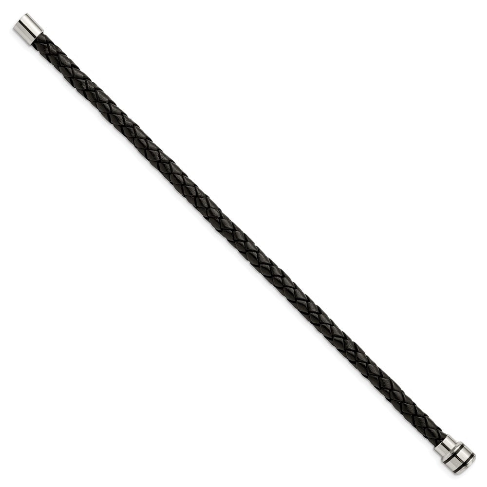 Stainless Steel Polished Black IP-plated Black Woven Leather Bracelet 9 inches