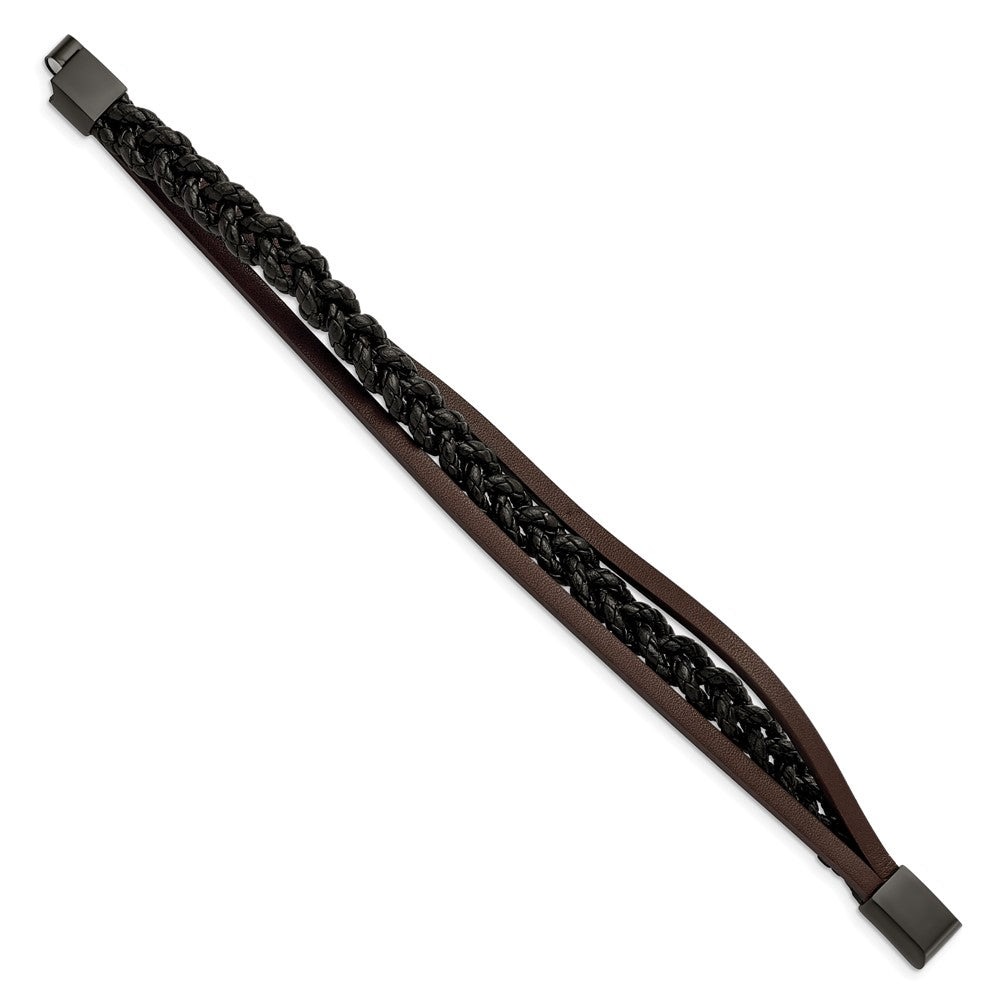 Stainless Steel Brushed Black IP Multi Strand Black/Brown Leather Bracelet 8.25 inches