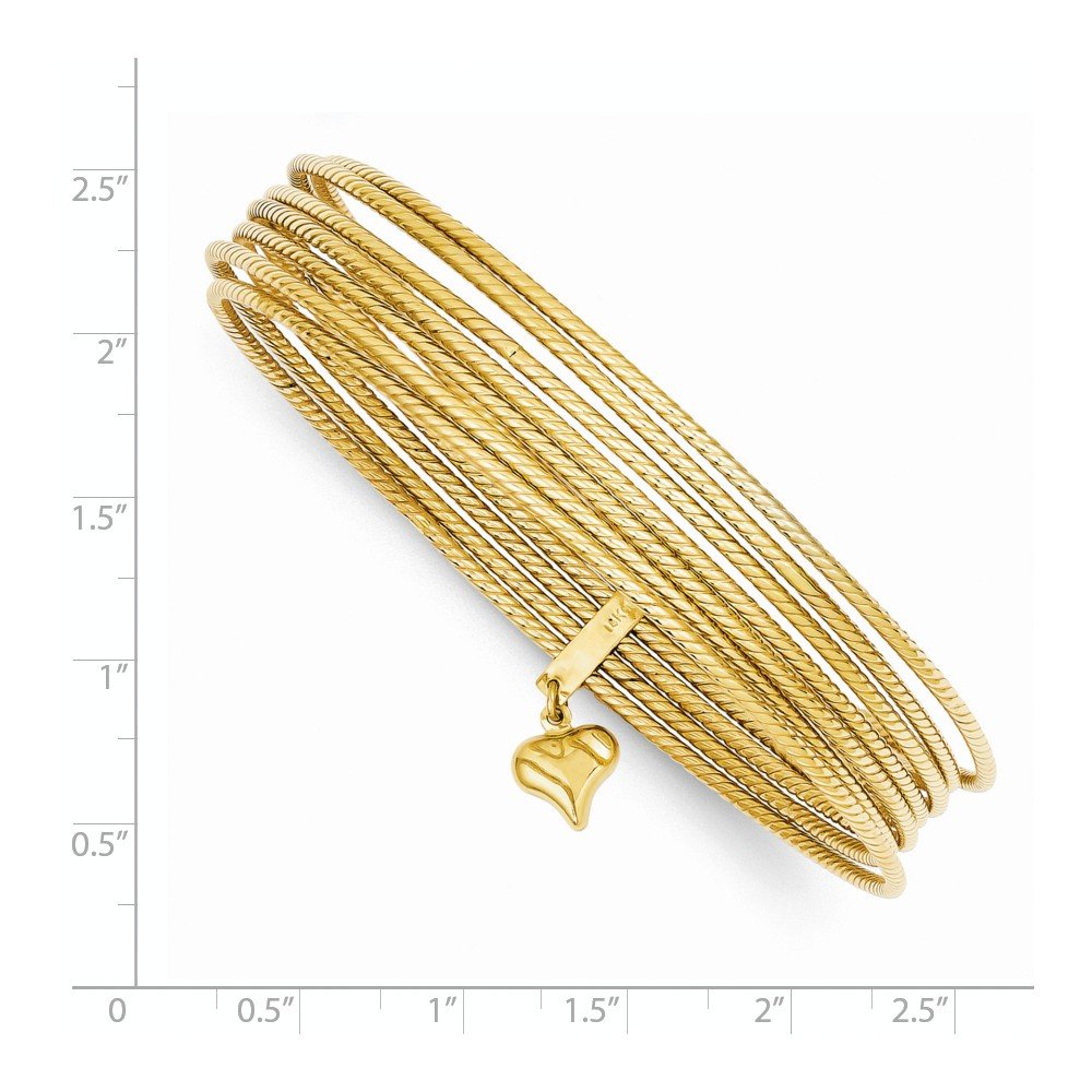 14K Polished and Textured with Dangle Heart 7-Strand 11.00mm Slip-on Round Bangle Bracelet